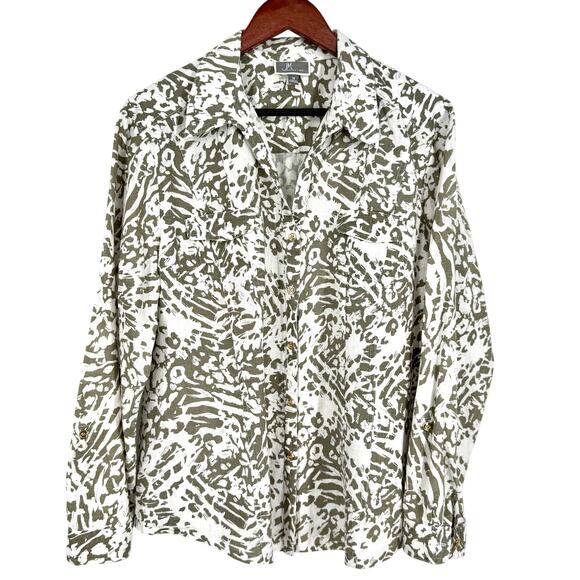 JM Collection Tops - JM Collection Sz 18 Plus Size 100% Linen Olive Green White Blouse Shirt Top